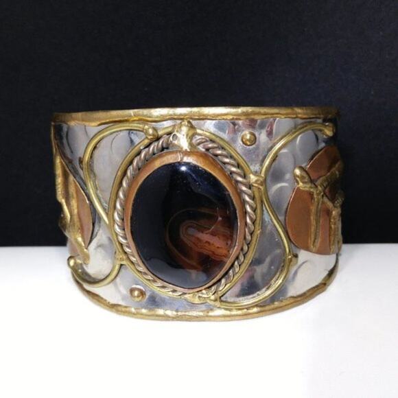 Brown Gemstone Mixed Metal Handmade Cuff Bracelet, 6 3/8 Inches - Picture 4 of 10